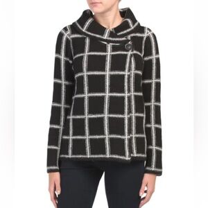 Ellen Tracy Black & White Plaid Jacquard Sweater Coat